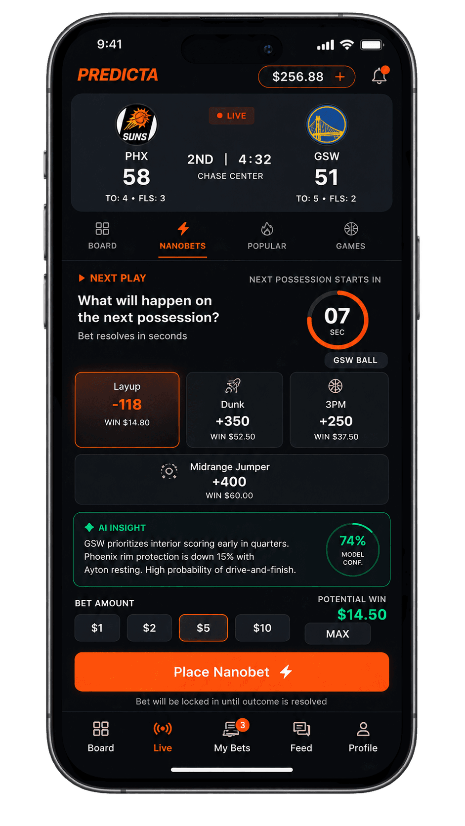 The Predicta app showing a live nanobet on the next possession