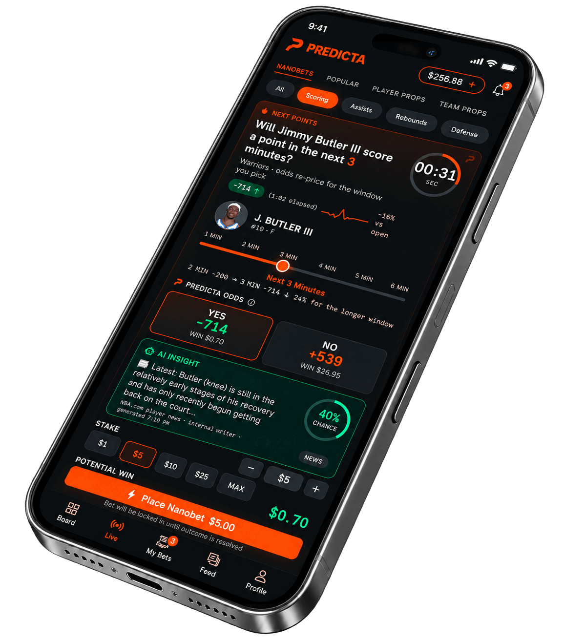 The Predicta app showing a live player nanobet with a selectable time window, odds and the bottom navigation